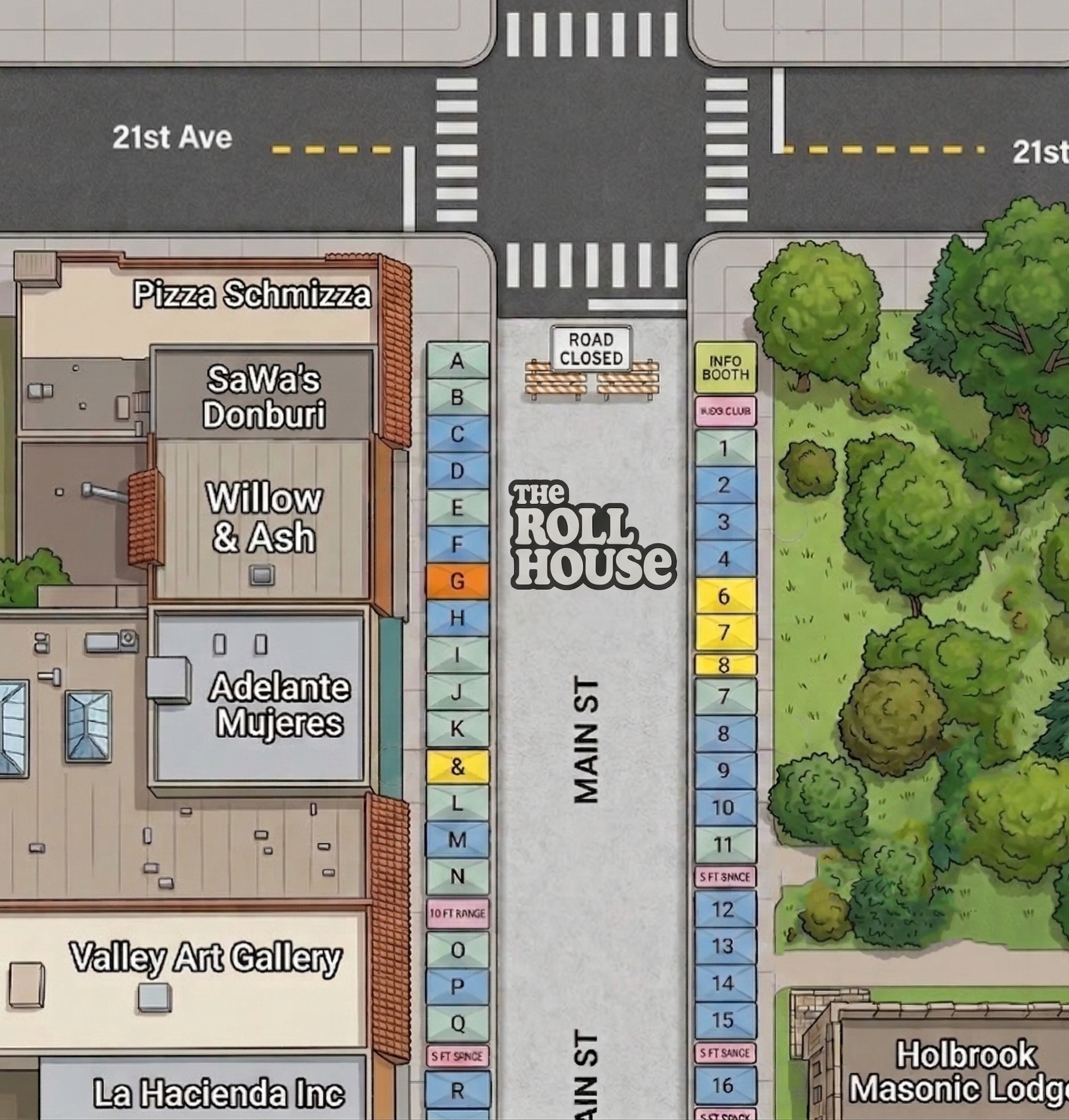 Forest Grove Farmer's Market map showing The Roll House at Stall G on Main St